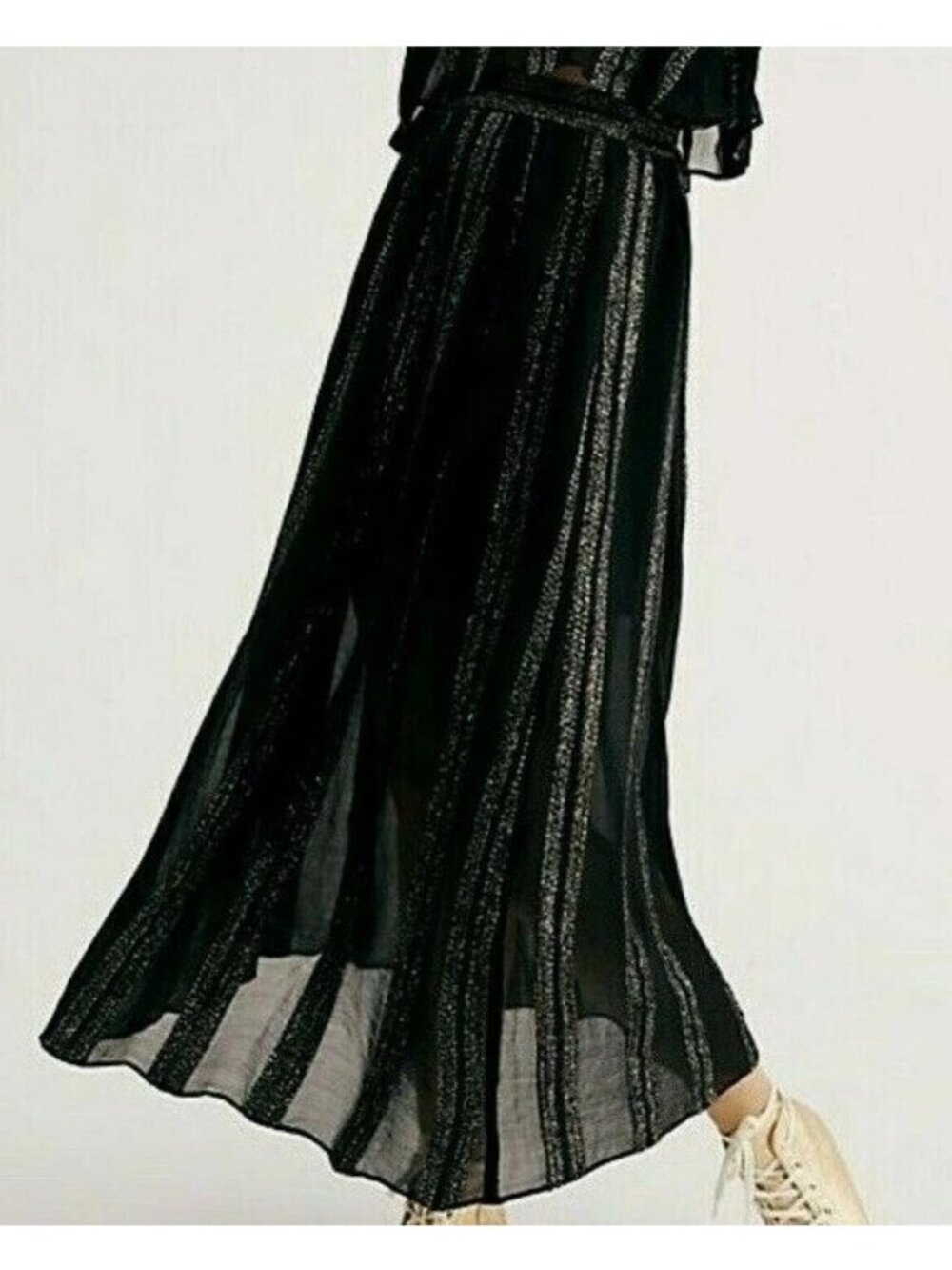 Free People M CARMEN LUREX Black Gold Metallic Striped Midi Skirt Whimsigoth
